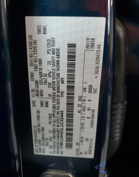 2020 Ford Escape Sel z USA, uszkodzony, nr VIN 1FMCU9H63LUC52445